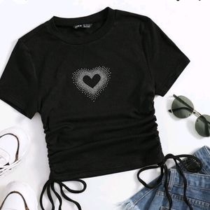 Rhinestone Heart Pattern Drawstring Ruched Side Rib-knit Tee